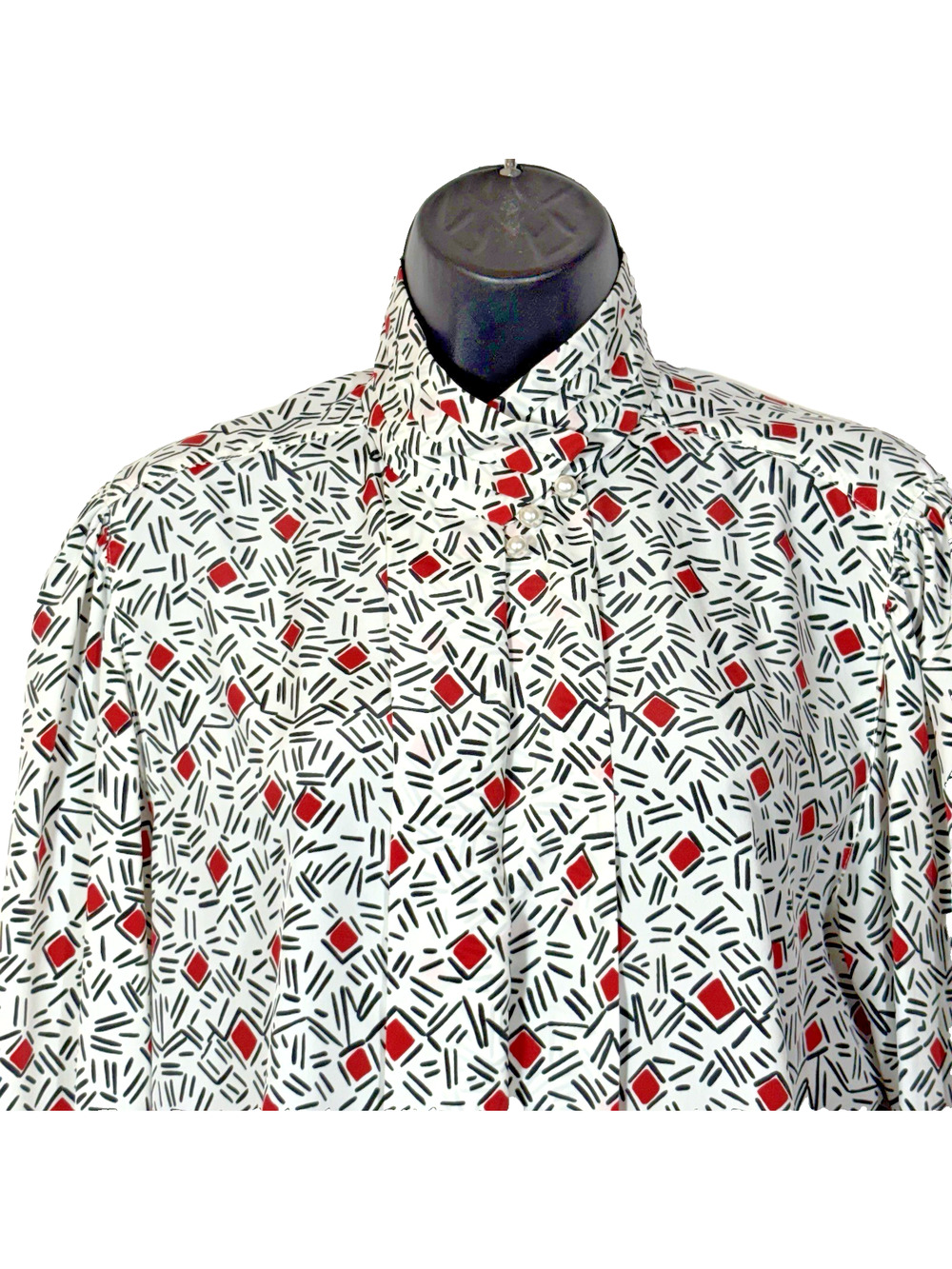 Retro Geometric Print Blouse Bold White Red Black 10 Alfred Dunner Vintage 80's